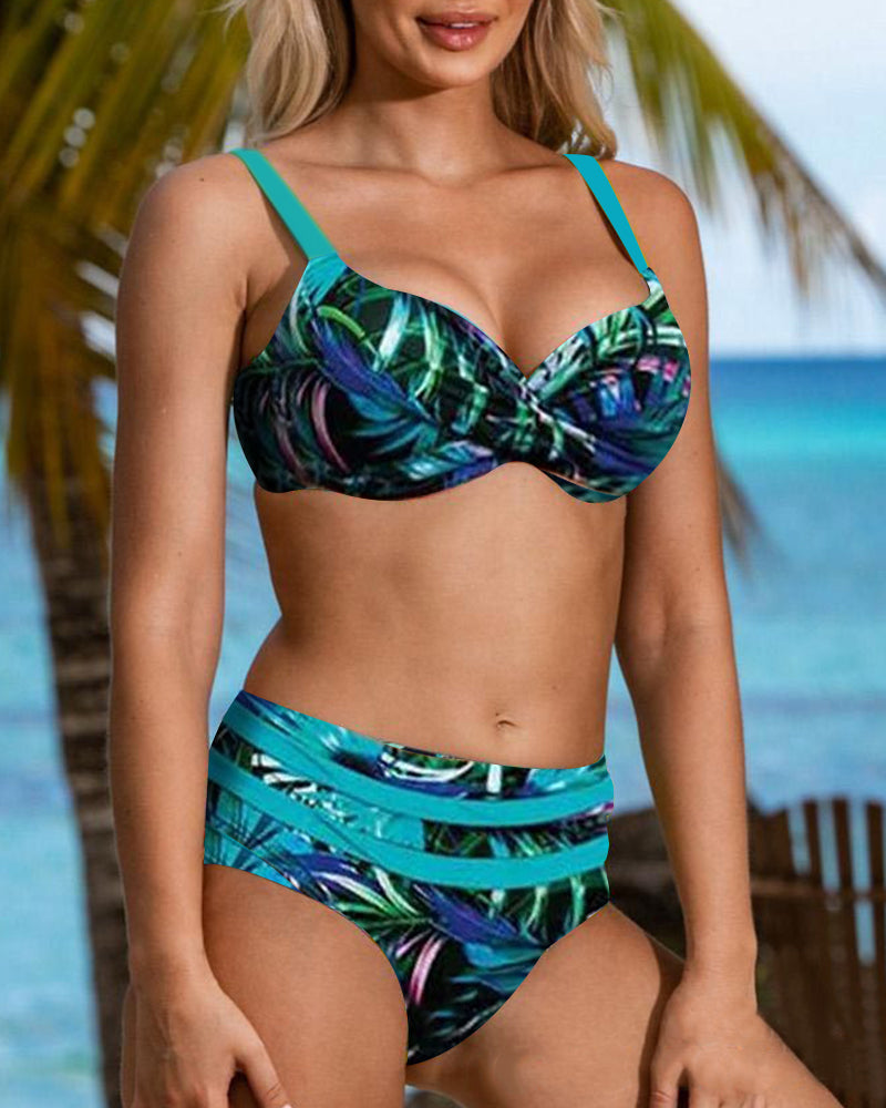 Hoge taille bikini met bladerenprint