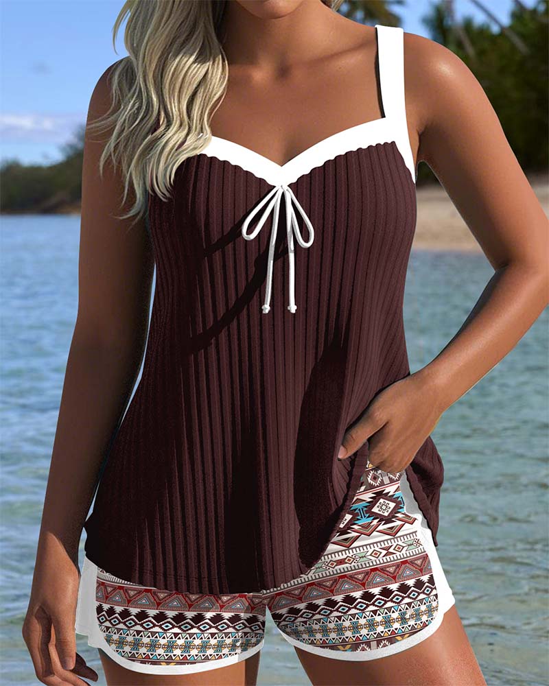 Geribbelde Strandshorts Gedrukt Boxer Tankini