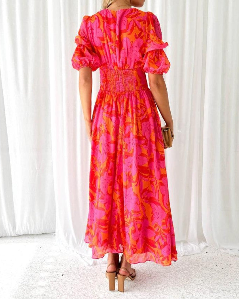 Van Elst Mode® | Elegante V-hals Maxi jurk met pofmouwen
