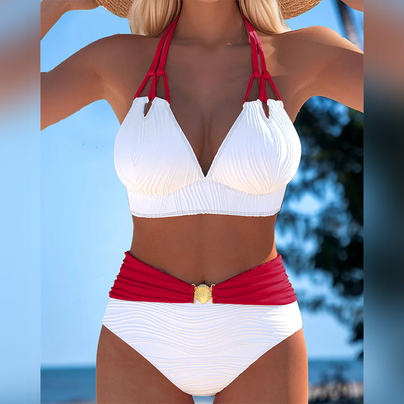 Dubbele Band Hoge Taille Contrast Kleur Badpak