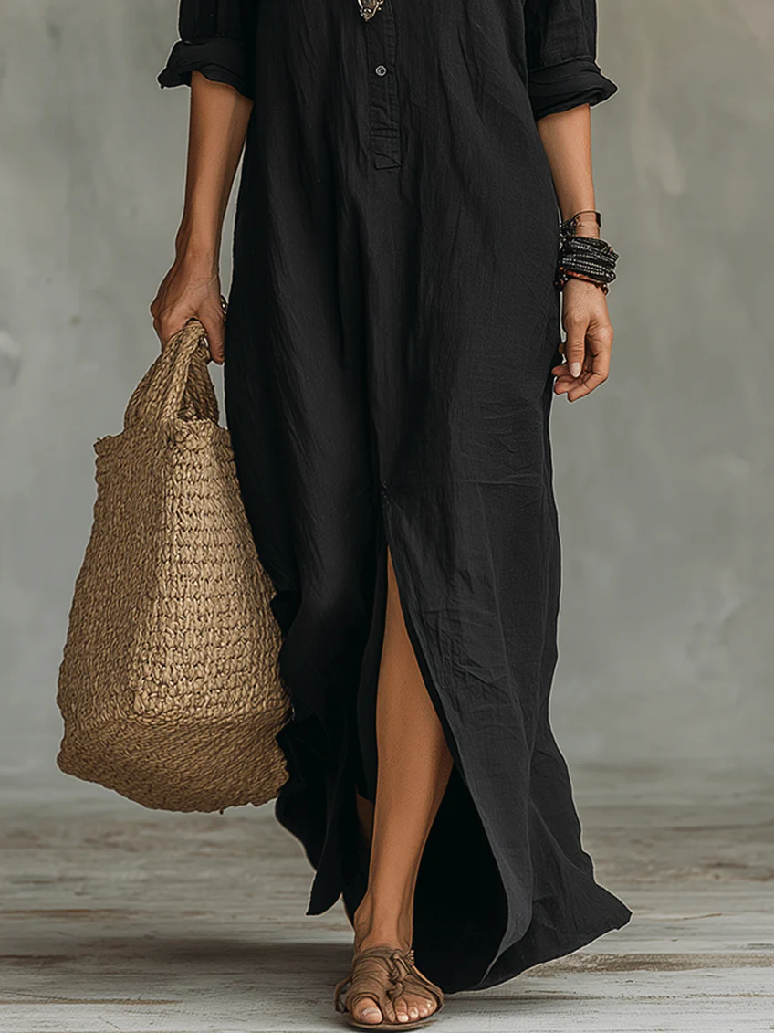 Maxi zwarte jurk met knopen | Soline™