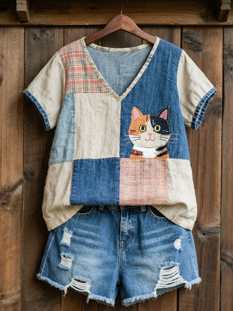 Vrouwen Charmante Motief Kat Patchwork Kunst V-Hals Top