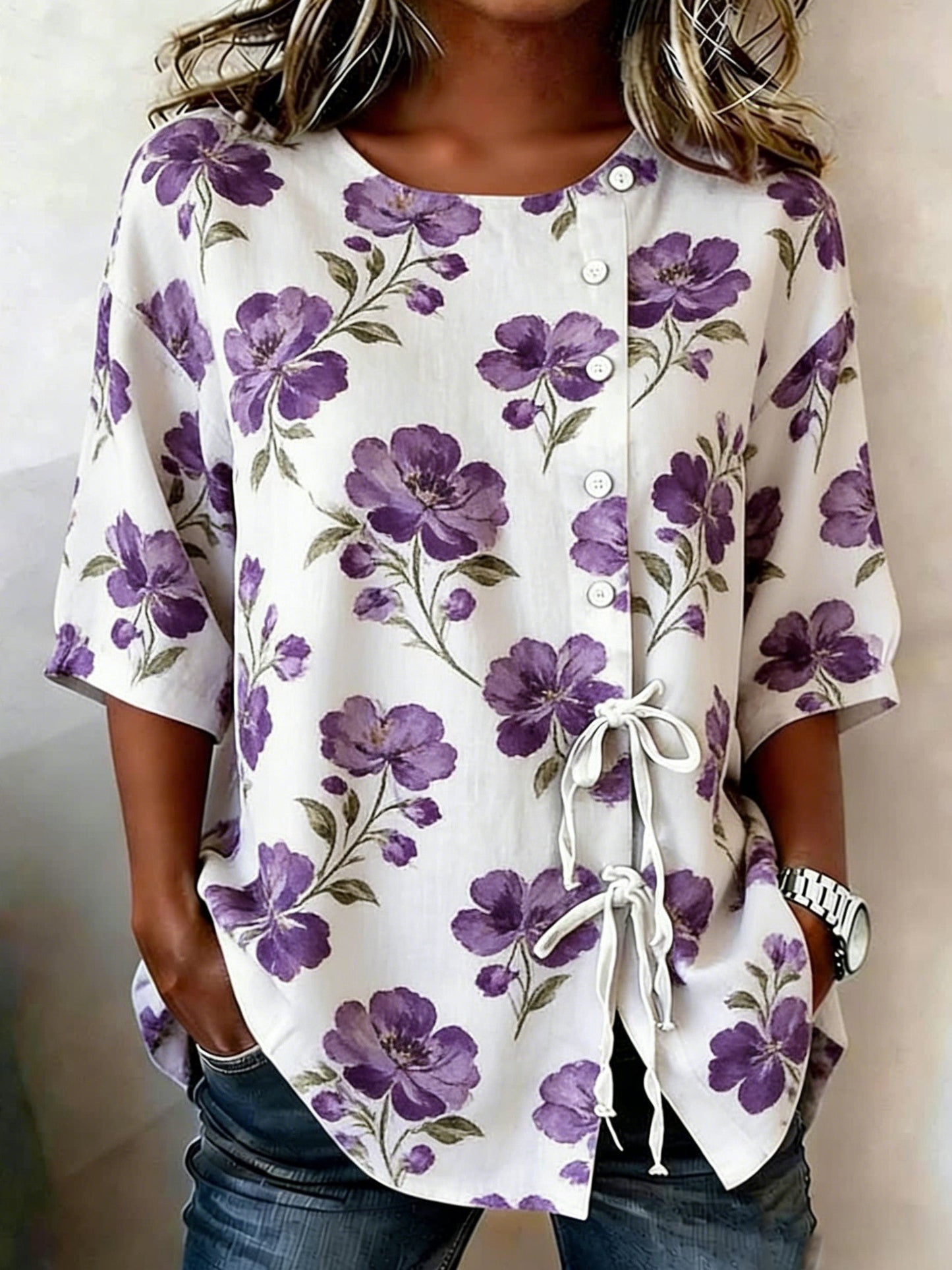 Vrouwen linnen mix bloemen blouse met knopen
