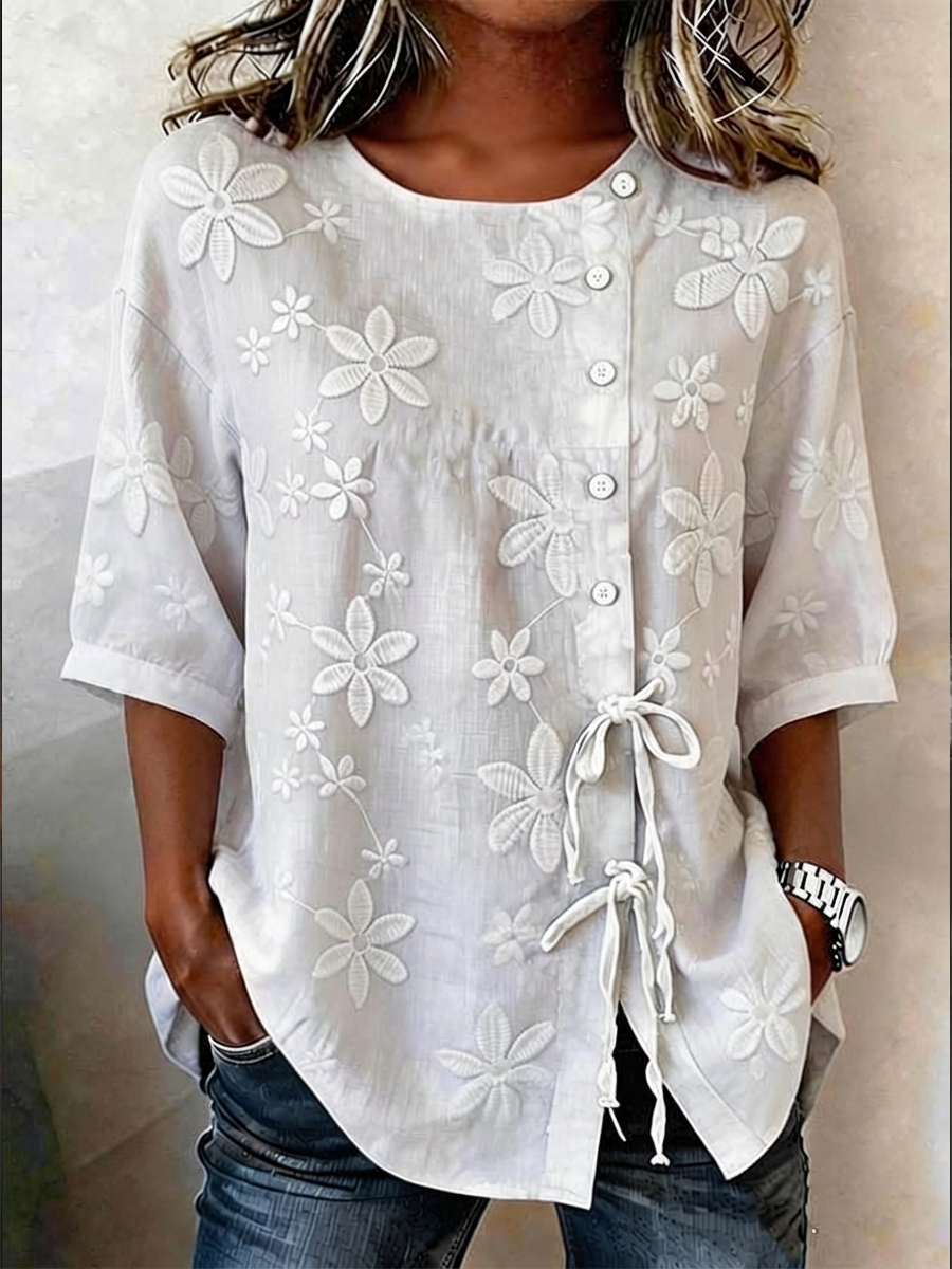 Vrouwen Bloemen Knopjes En Veters Mix Van Linnen Shirt