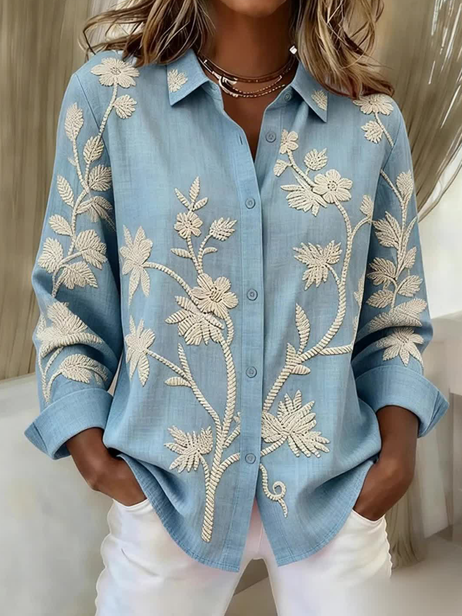 Dames Blouse Met Knopen En Veters Planten En Bloemen In Gemengde Linnen
