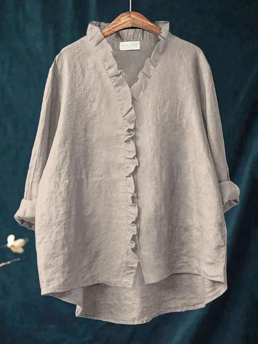 Casual katoen en linnen blouse met ruffles voor vrouwen