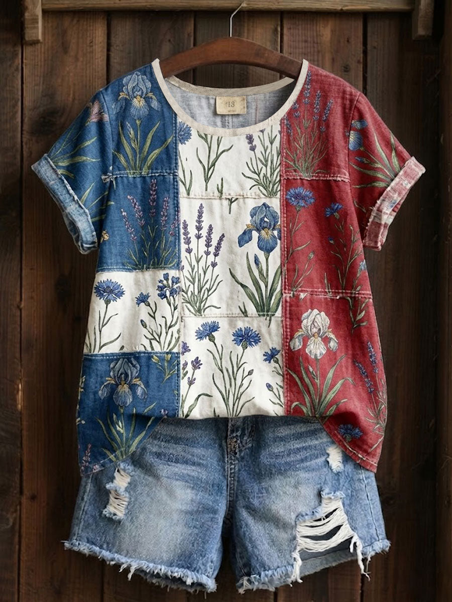 Bloemen patchwork t-shirt voor vrouwen