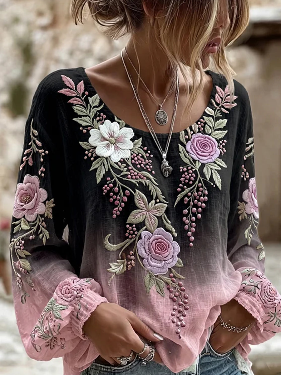 Retro bloemen kunstdruk, casual top van katoen-linnen