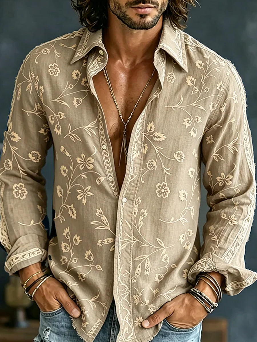 Casual shirt van katoen-linnen met retro stijl geborduurde kunstprint