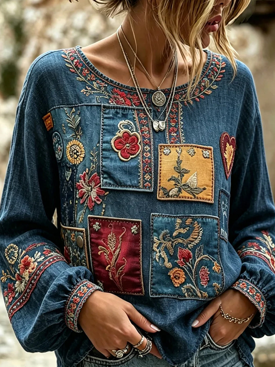 Luchtige katoenen linnen top voor dames, vintage bloemenprint