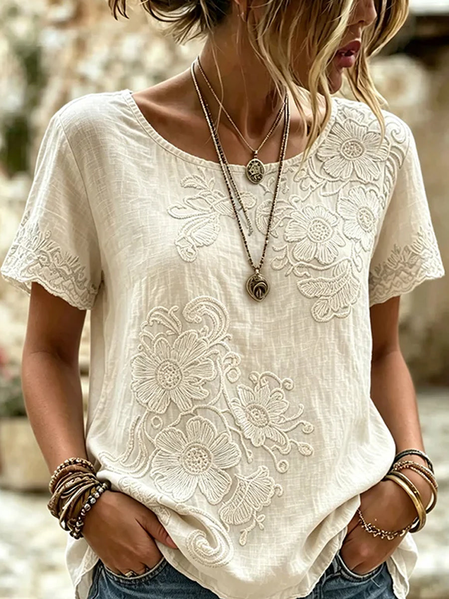 Vintage casual top voor vrouwen met artistieke bloemenprint