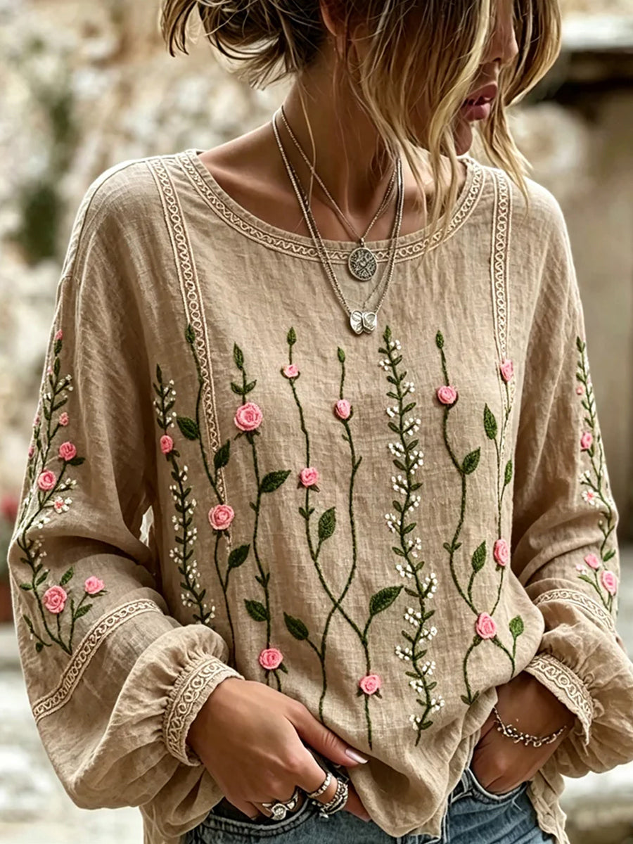 Casual katoen-linnen top voor dames, vintage bloemenprint
