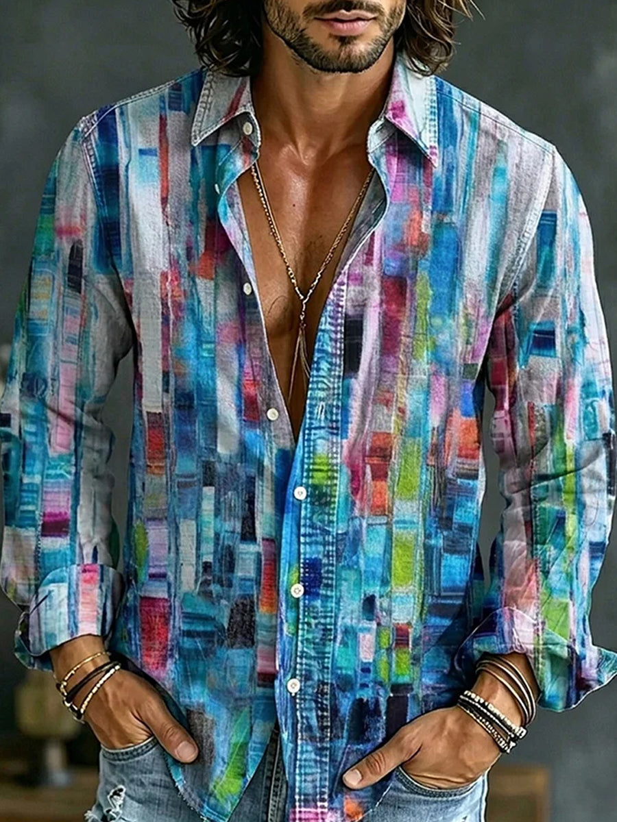Casual katoenen linnen overhemd met retro abstracte kunstprint