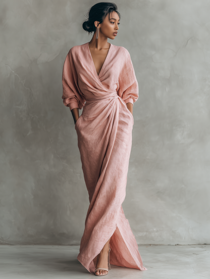 Rosa Linnen Maxi Jurk V-Hals