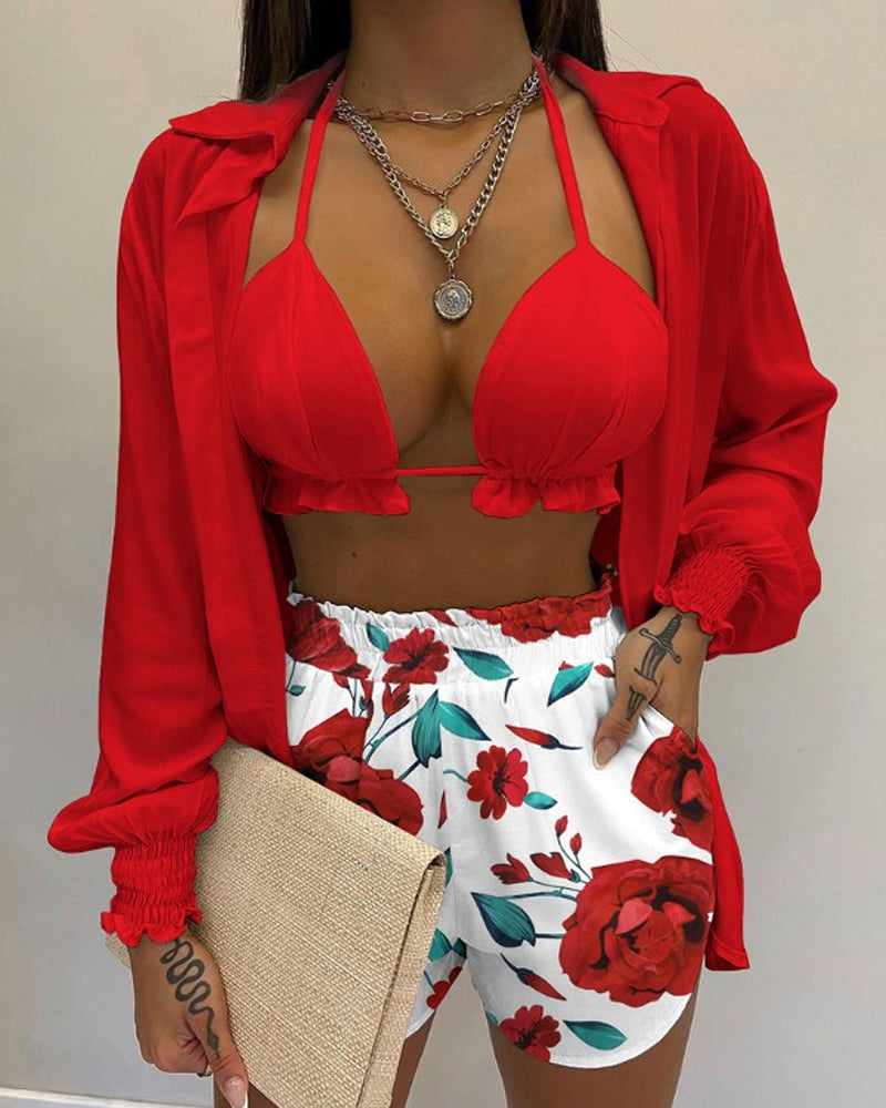 Ballonmouw shirt bikini drie-delige set