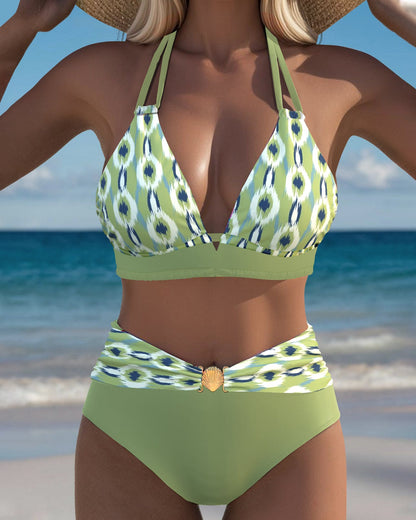 Sexy Deep V Split Print Bikini