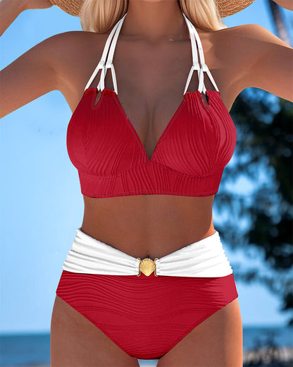 Dubbele Band Hoge Taille Contrast Kleur Badpak