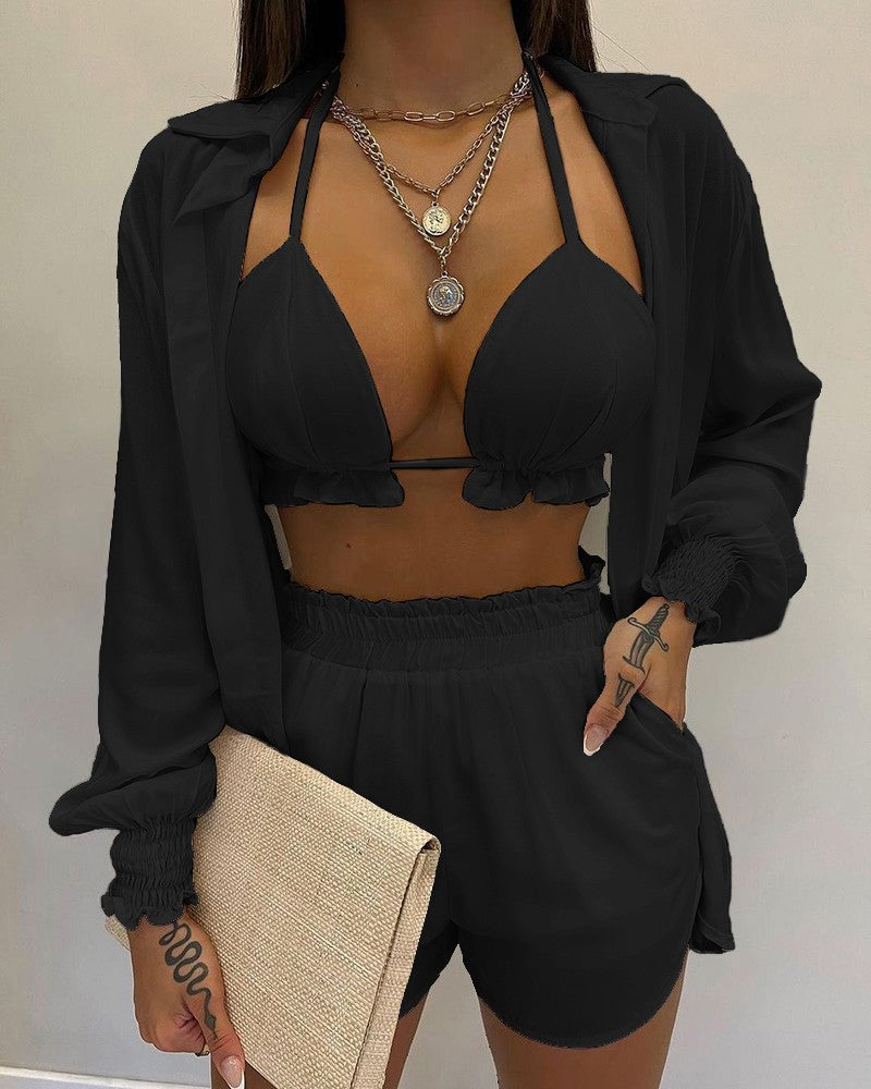 Ballonmouw shirt bikini drie-delige set