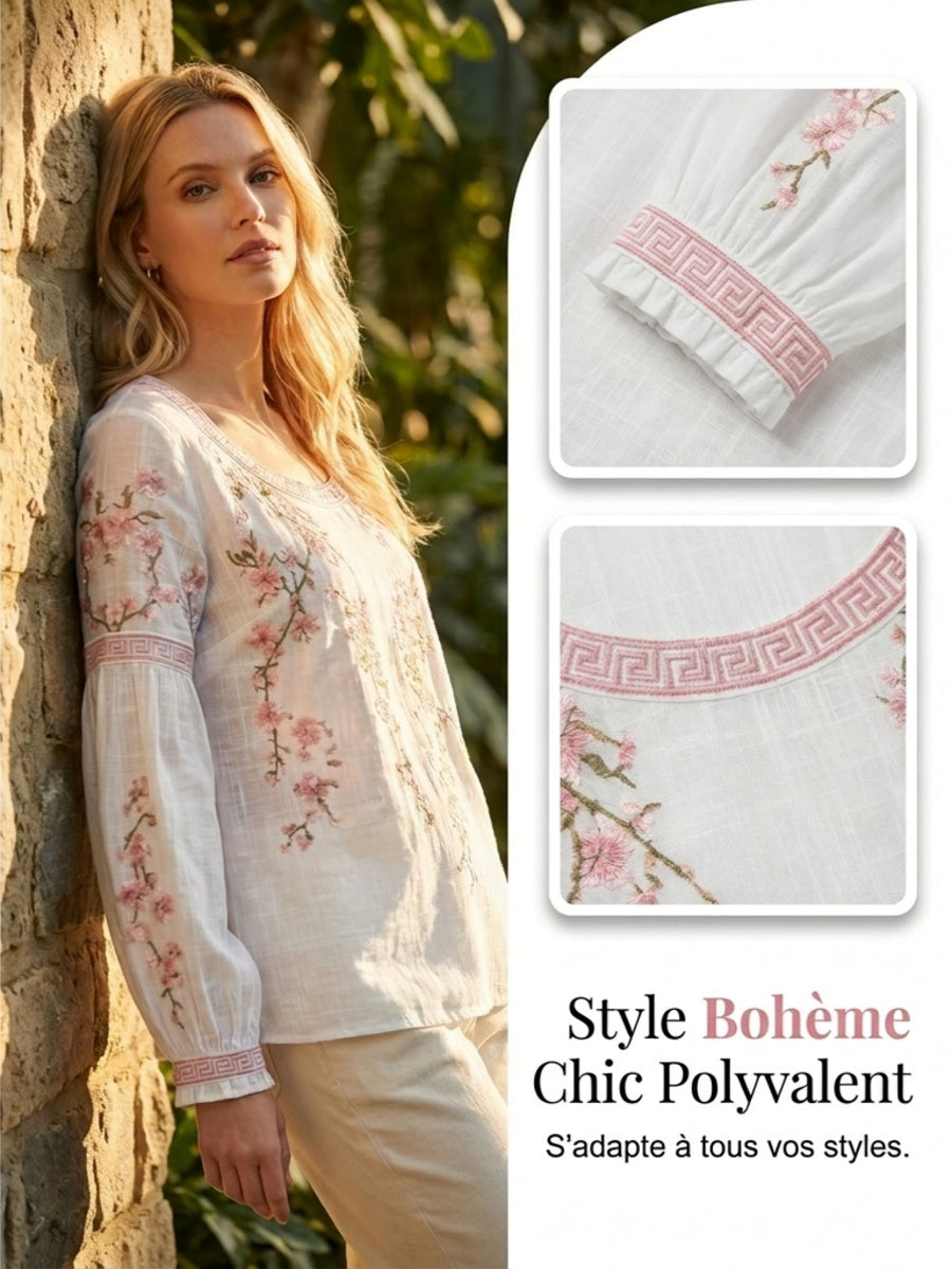 Casual damesblouse, vintage stijl, van katoen en linnen, met bloemenborduurwerk en gedrukte patchwork