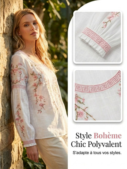 Casual damesblouse, vintage stijl, van katoen en linnen, met bloemenborduurwerk en gedrukte patchwork