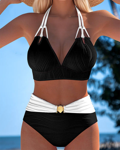 Dubbele Band Hoge Taille Contrast Kleur Badpak