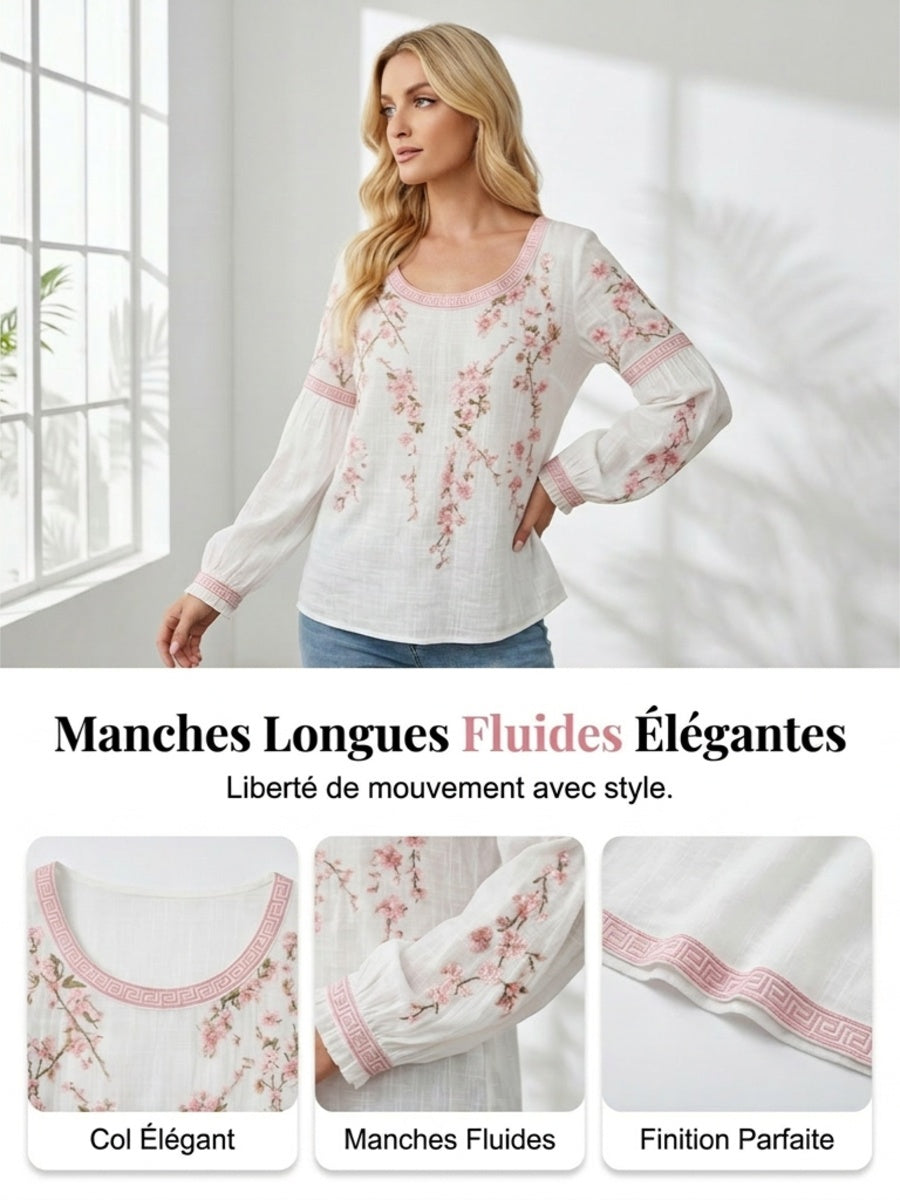 Casual damesblouse, vintage stijl, van katoen en linnen, met bloemenborduurwerk en gedrukte patchwork