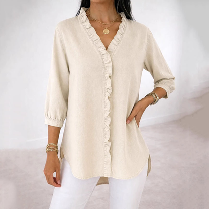 Van Elst Mode® | Casual damesblouse met ruches en V-hals