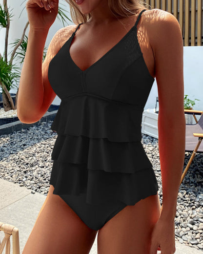 Effen kleur gerimpelde split tankini