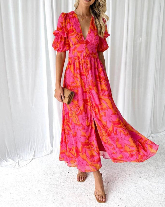 Van Elst Mode® | Elegante V-hals Maxi jurk met pofmouwen