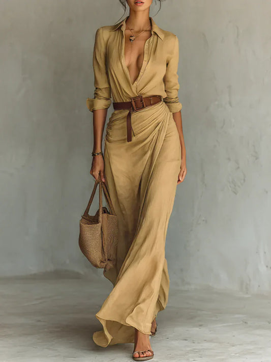 Camille™ | Maxi jurk met revers en ceintuur in de taille