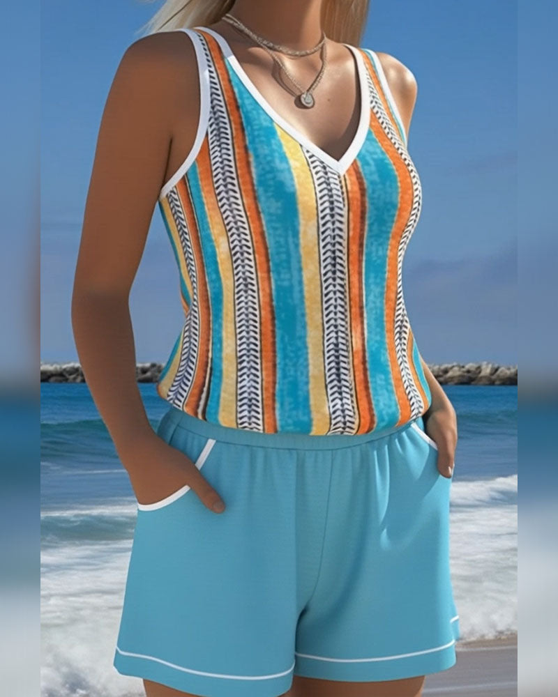 V-hals Geprinte Tankini Zwemkleding