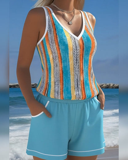 V-hals Geprinte Tankini Zwemkleding