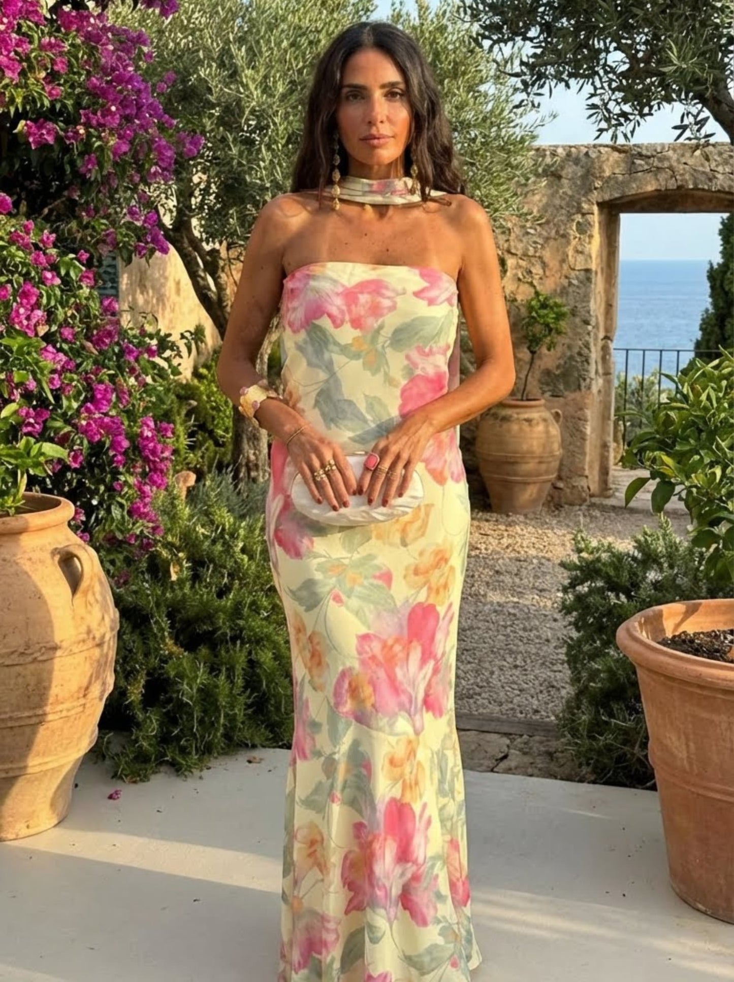 Strapless Bloemen Waterverf Lange Jurk