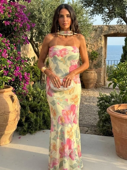 Strapless Bloemen Waterverf Lange Jurk