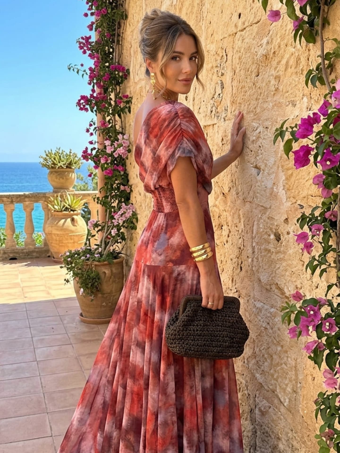 Aquarel Off-Shoulder Lange Jurk
