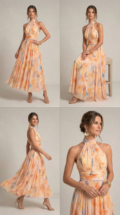 Halterneck Jurk met Aquarelprint