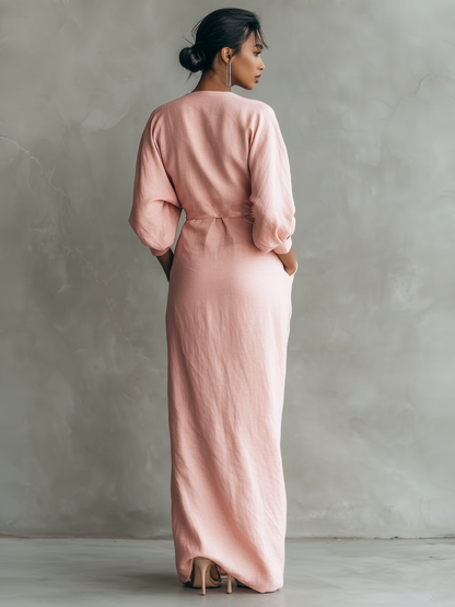 Rosa Linnen Maxi Jurk V-Hals