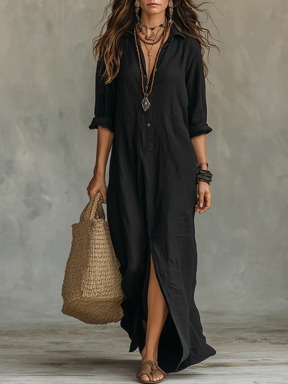 Maxi zwarte jurk met knopen | Soline™