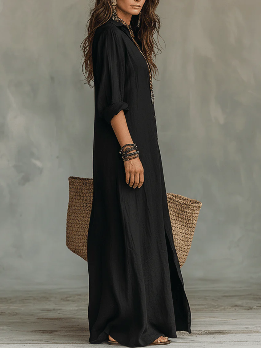 Maxi zwarte jurk met knopen | Soline™