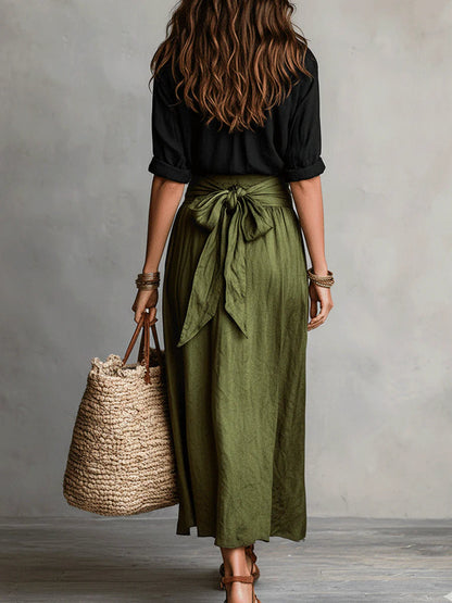 Vera™ | Set van twee delen: zwart t-shirt en olijfgroene midi rok