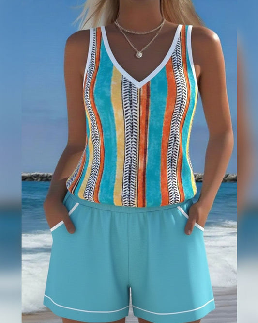 V-hals Geprinte Tankini Zwemkleding
