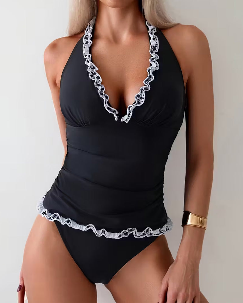 Casual Ruffled V-hals Twee-delige Badpak