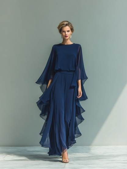 Marineblauwe Chiffon Set Rimpels