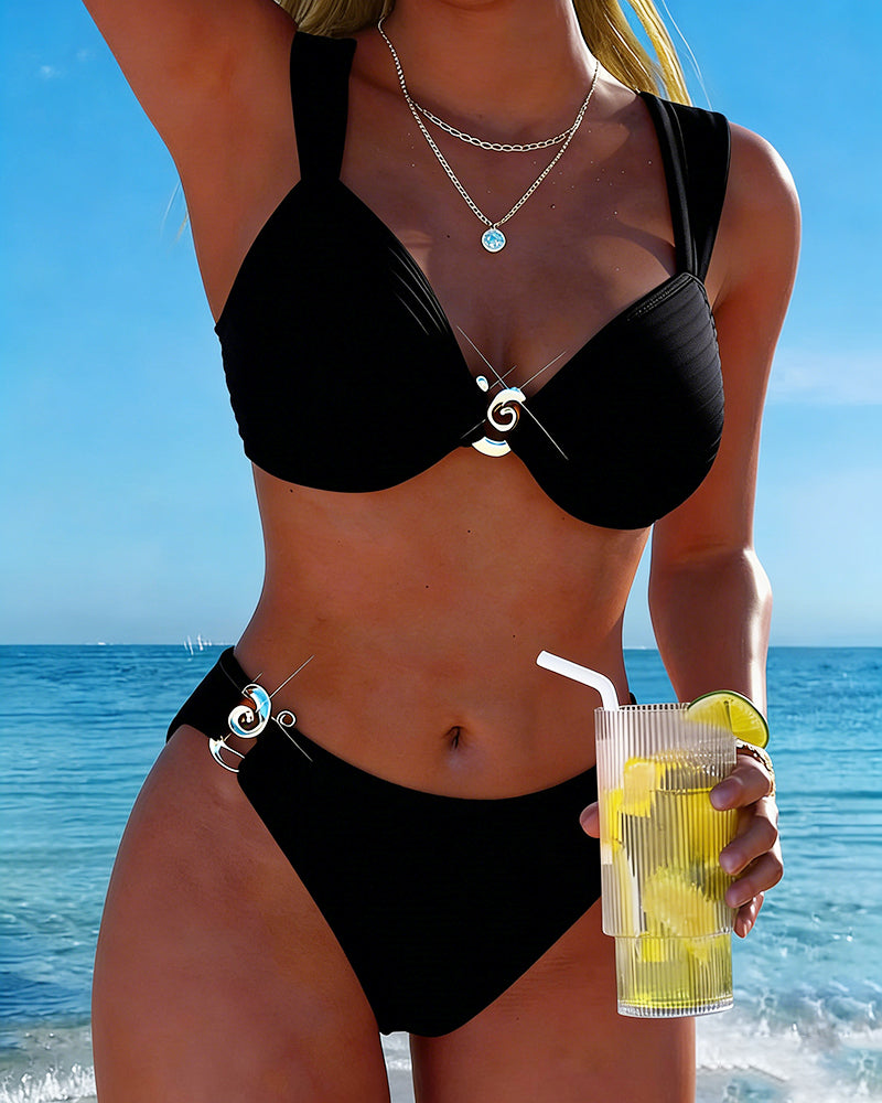 Verticale Patroon Metalen Gesp Gespleten Bikini