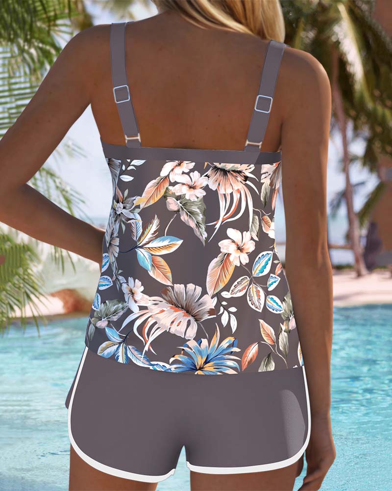 U-Hals Mouwloze Geprinte Tankini