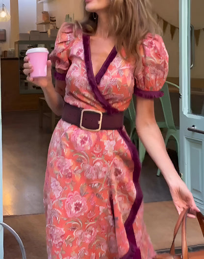 Van Elst Mode® | Elegante Roze Maxi Dress met Korte Mouwen