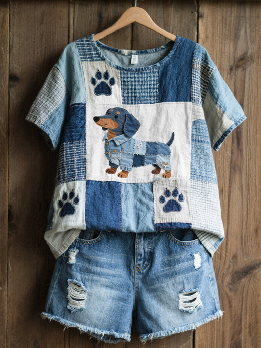 Mooie motief teckel patchwork Art Top voor vrouwen