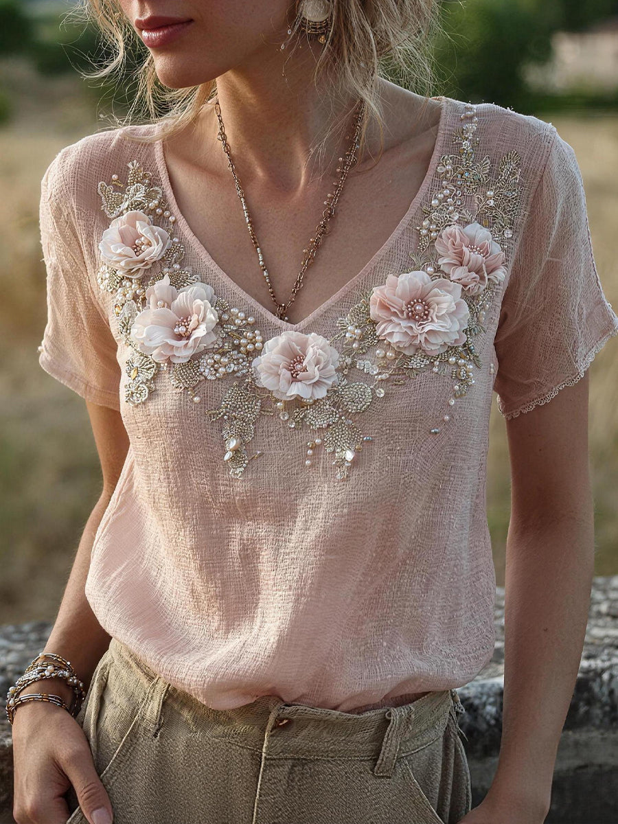 Damesbloemige linnenmix blouse