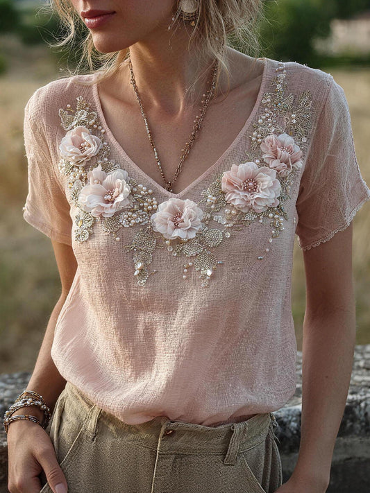 Damesbloemige linnenmix blouse