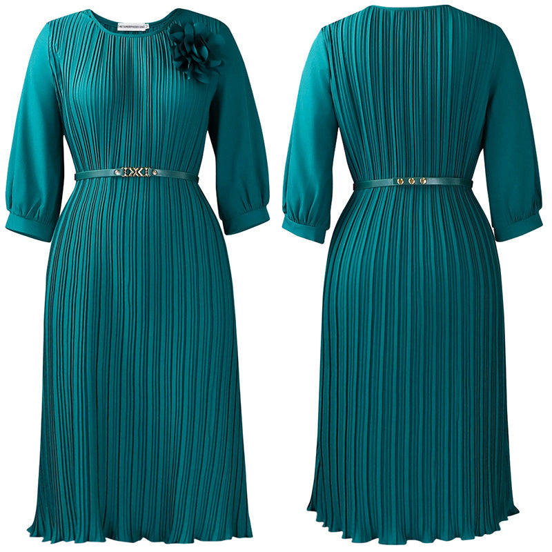 Van Elst Mode® | Dames 3/4 Mouw Plissé Midi Jurk met Riem